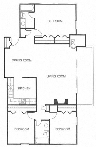 Floor plan for 3 beds, 2 baths, 1255 sqft